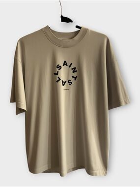 AllSaints Beige Logo Graphic T-Shirt | Crew Neck | Oversized Fit
